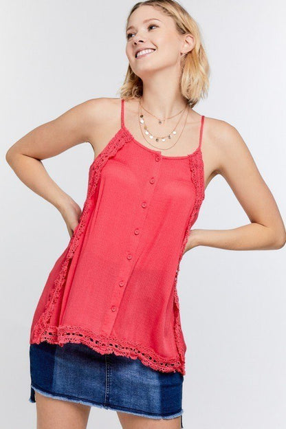 Boho Scallop Lace Trim Detailed Button Down Solid Subtle Textured Slit Side Overlay Layered Cami Top