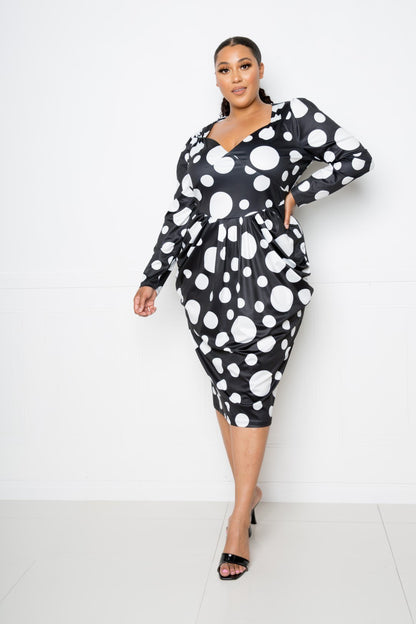 Polka Dot Drop Waist Ruched Midi Dress