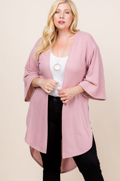 Plus Size Solid Hacci Brush Open Front Long Cardigan With Bell Sleeves