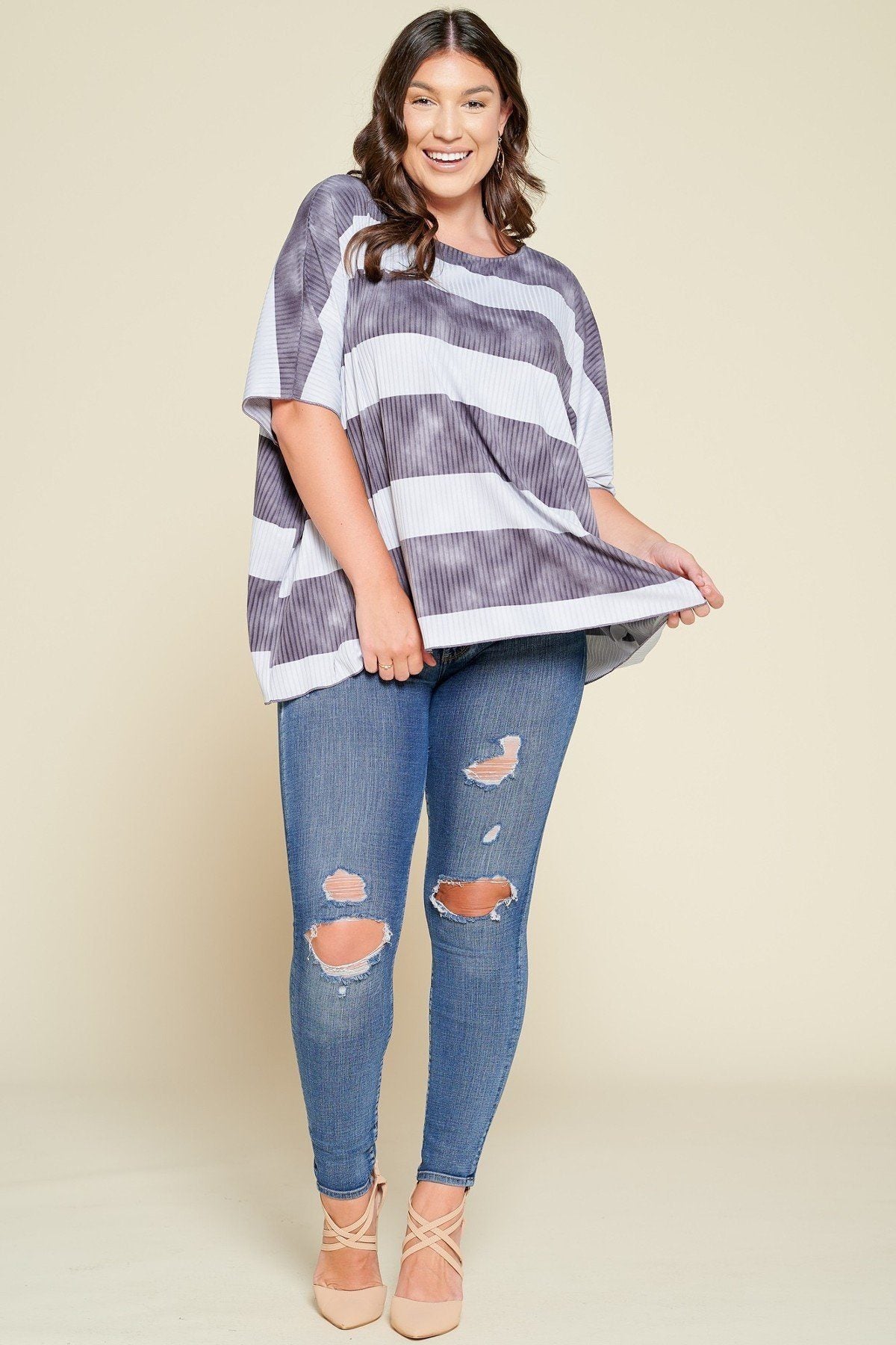 Stripe Printed Pleated Blouse Featuring A Boat Neckline And 1/2 Sleeves