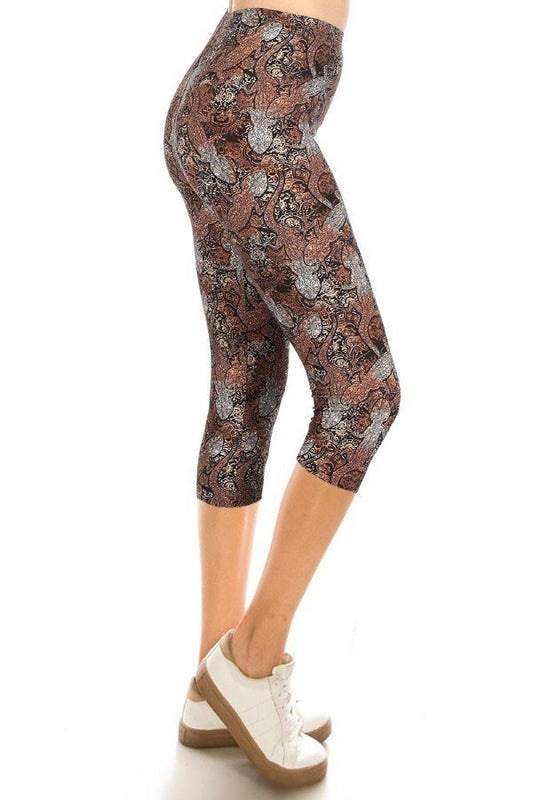 Printed, High Waisted, Capri Leggings With An Elasticized Waist Band