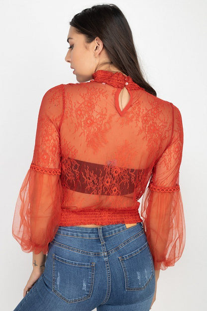 Lace Trim Balloon Sleeve Smocked Top