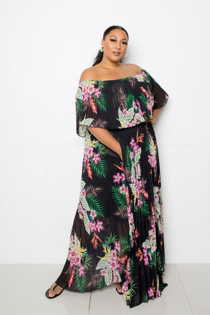 Tropical Printed Off Shoulder Pleated Maxi Dress