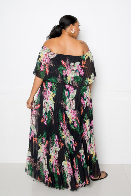 Tropical Printed Off Shoulder Pleated Maxi Dress