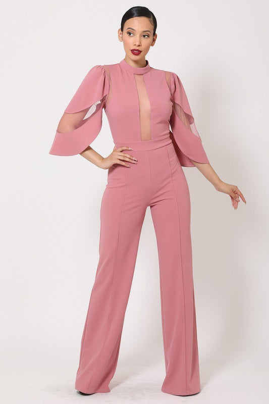 Semi Sheer Mesh Contrast Bodice Jumpsuit