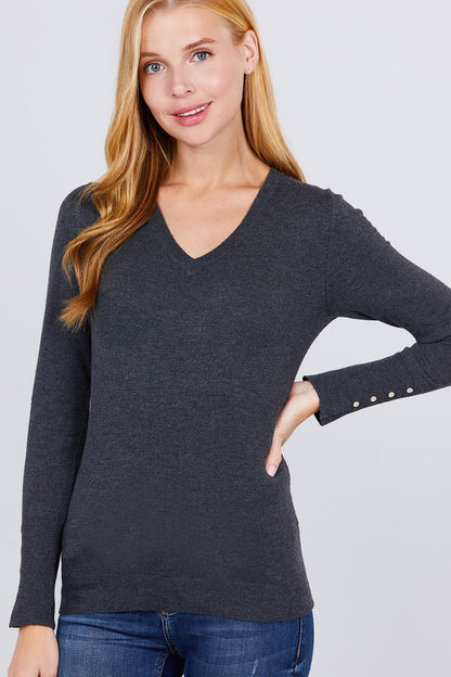 V-neck Sweater W/rivet Button