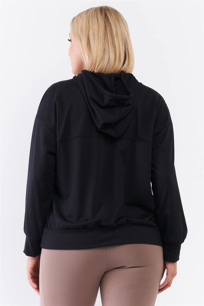 Plus Black Oversize High Neck Zip-up Detail Draw String Tie Hoodie Sweatshirt