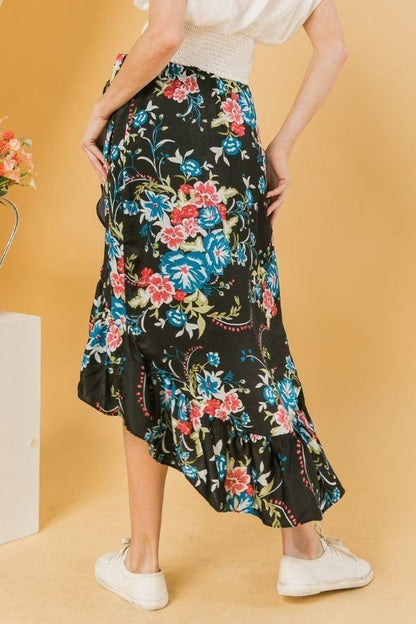 Floral Ruffle Skirt With Trim High Low.