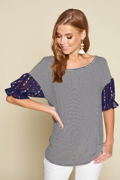 Cute Striped Curved Hem Casual Top