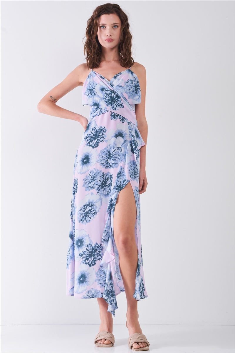 Floral Print Sleeveless Self-tie Wide Wrap Front Ruffle Hem Side Slit Detail Midi Dress