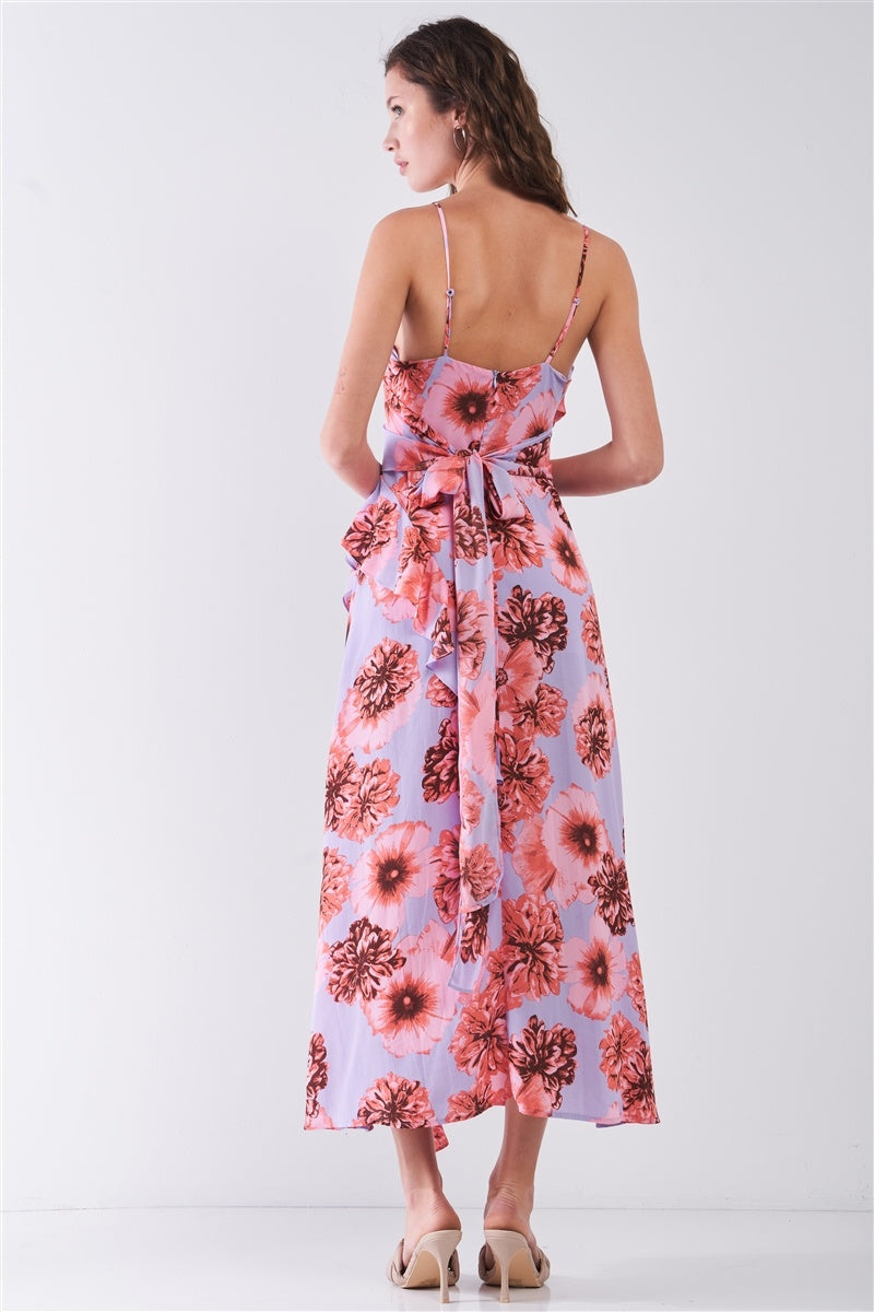 Floral Print Sleeveless Self-tie Wide Wrap Front Ruffle Hem Side Slit Detail Midi Dress