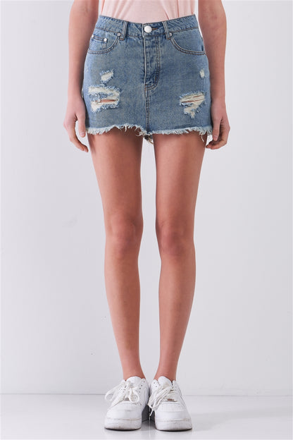 Medium Blue Washed Denim Ripped High Waist Raw Hem Detail Mini Skirt