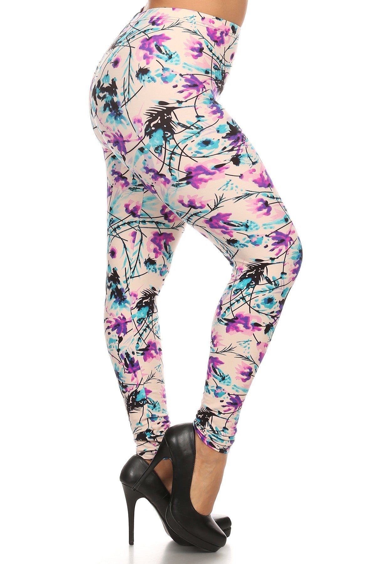 Plus Size Floral Print, Full Length Leggings In A Slim Fitting Style With A Banded High Waist