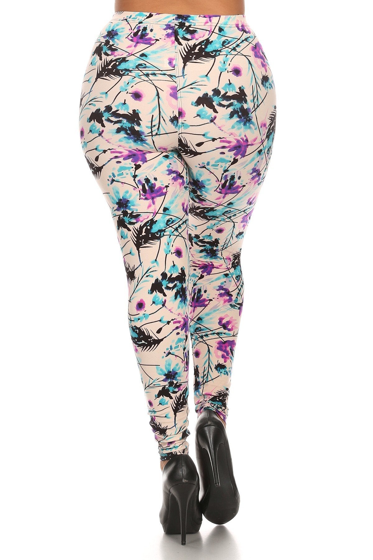 Plus Size Floral Print, Full Length Leggings In A Slim Fitting Style With A Banded High Waist