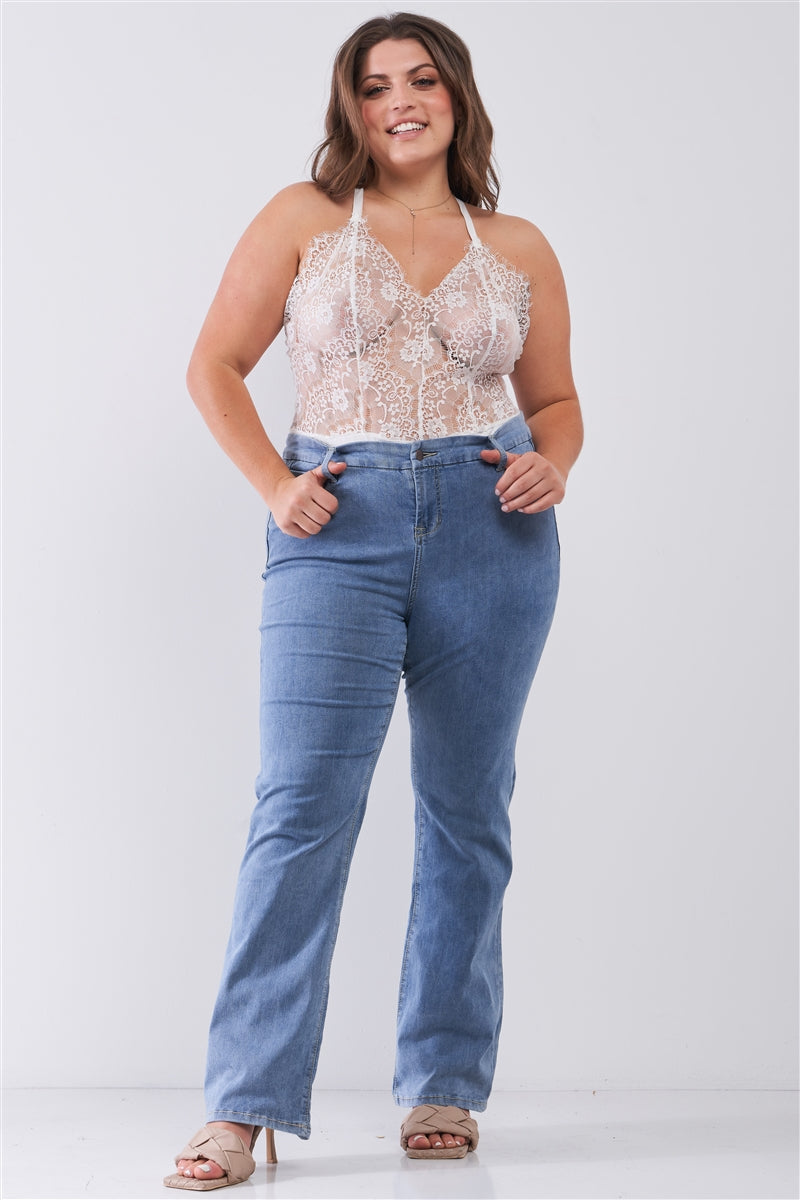 Plus Size Sheer Lace Sleeveless V-neck Criss-cross Back Strap Bodysuit