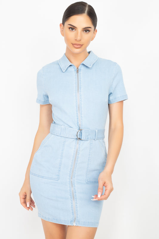 Belted Bodycon Collared Denim Dress