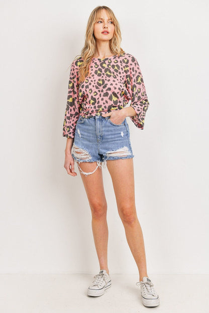 Leopard Knit Back Opened Short Sleeve Top