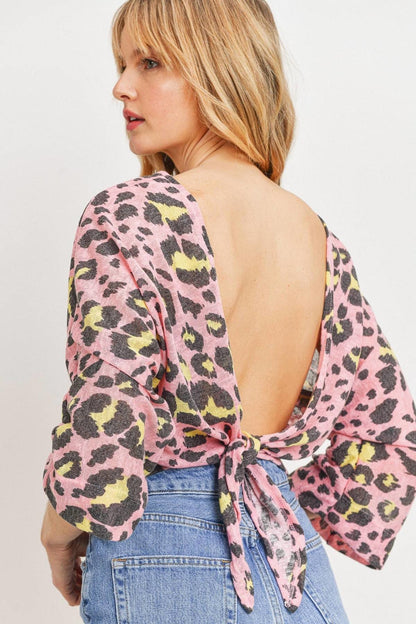 Leopard Knit Back Opened Short Sleeve Top