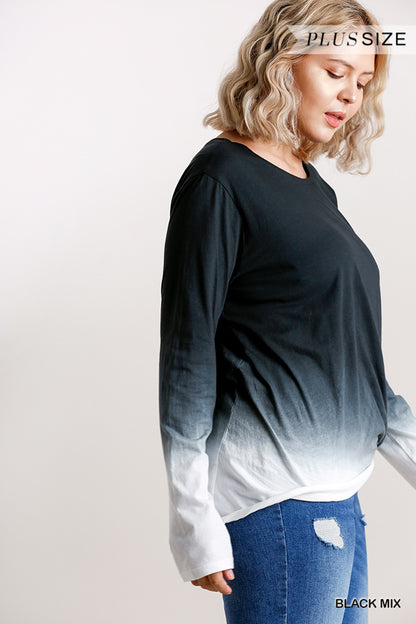 Ombre Print Long Sleeve Top With Gathered Front Detail And Raw Hem