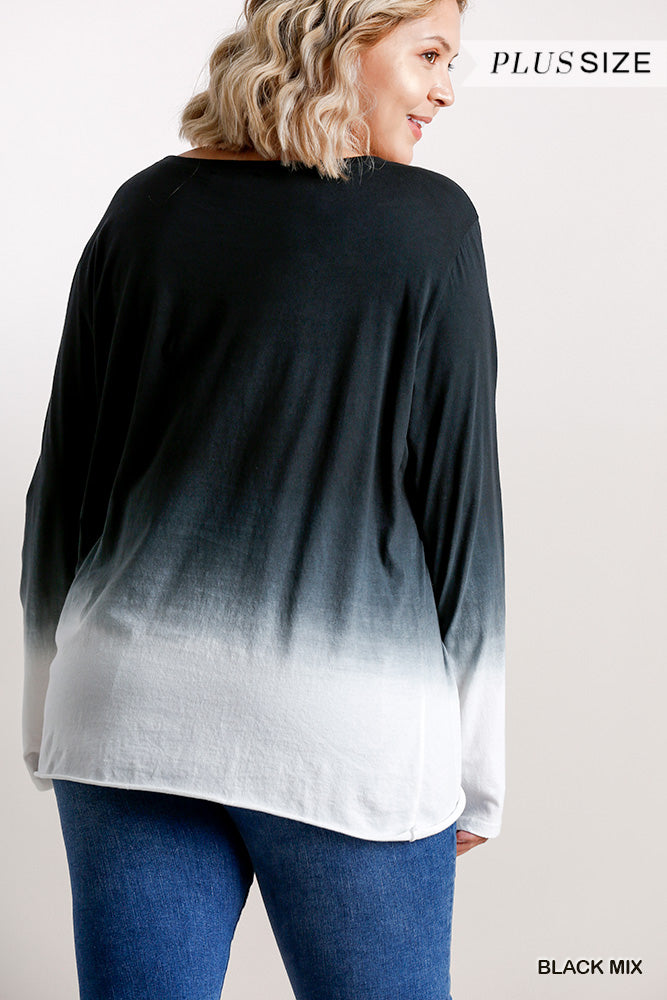 Ombre Print Long Sleeve Top With Gathered Front Detail And Raw Hem