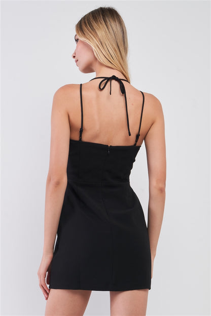 Black Slim Fit Sleeveless V-neck Front Corset Inspired Tie-up Detail Cocktail Mini Dress