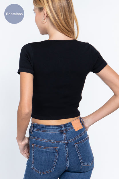 Short Slv Notched Rib Seamless Top