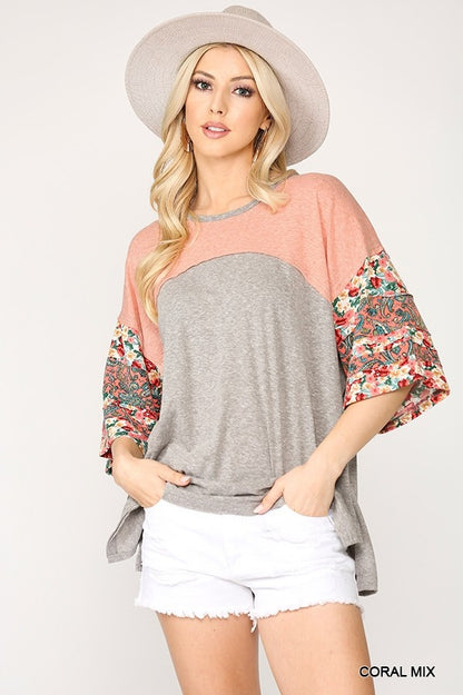 Colorblock Knit And Floral Print Mixed Top With Dolman Sleeve