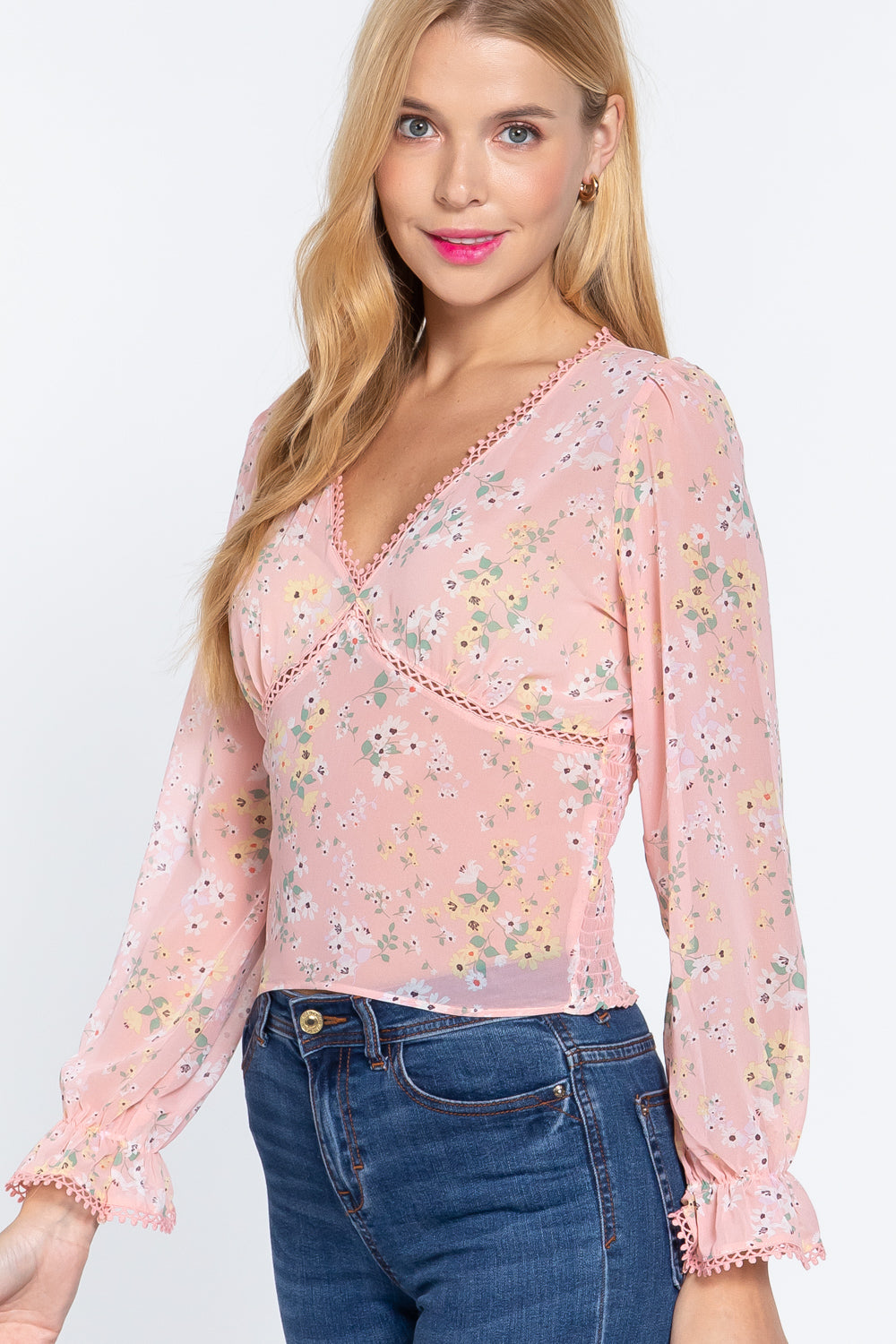 Ruffle Slv Floral Print Chiffon Top