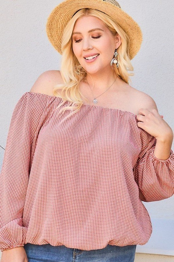 Off Shoulder Long Bubble Sleeve Plaid Top