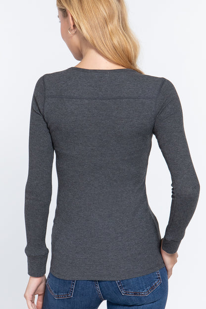 Long Slv V-neck Placket Thermal Top