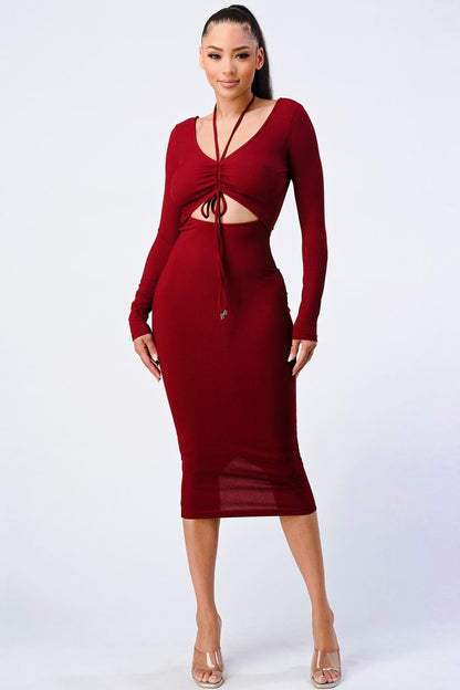 Trendy Front Shirring Cut-out Long Sleeved Dress