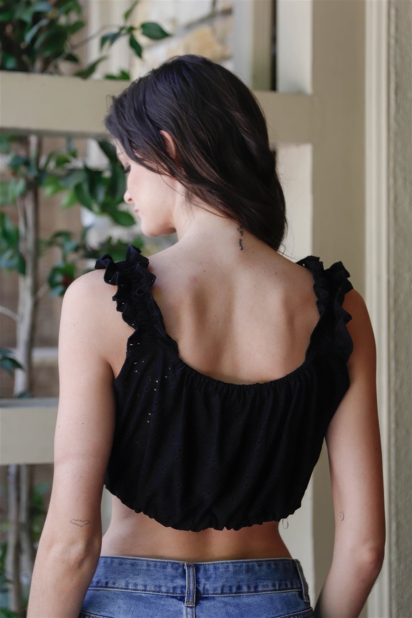 Embroidered Ruffle Trim Strap Sleeveless Crop Top