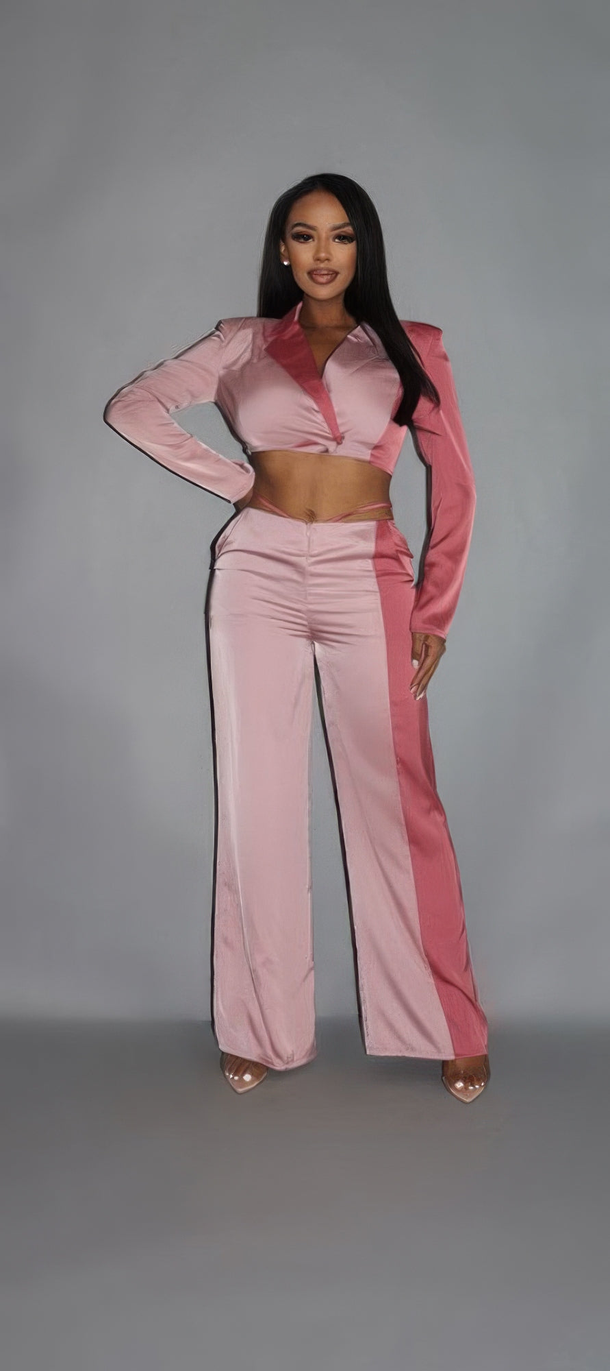 Colorblock Crop Blazer With Matching Low Rise Wide Leg Pant Set With Pockets