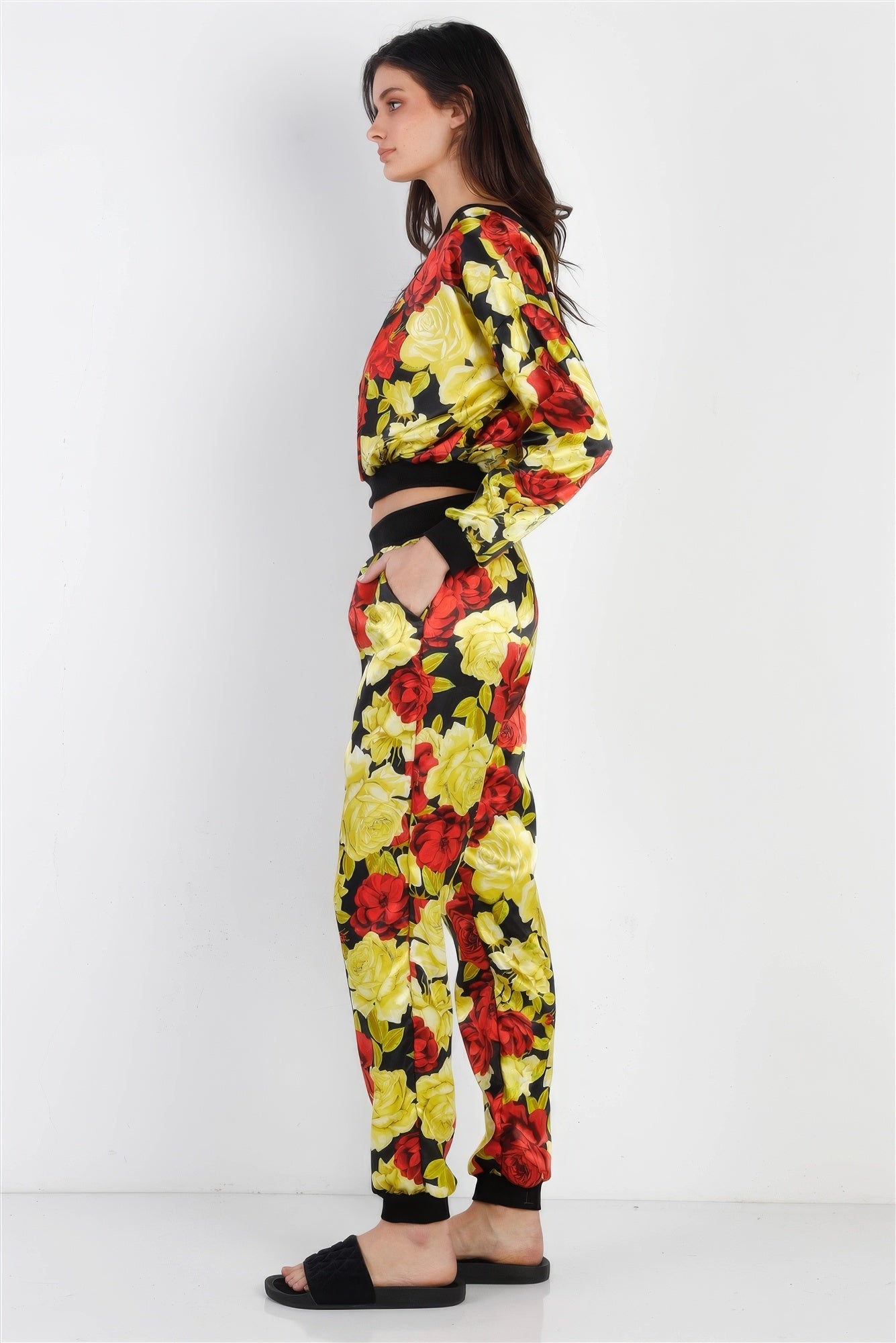 Black & Satin Effect Red & Lime Floral Print V-neck Top & Pants Set