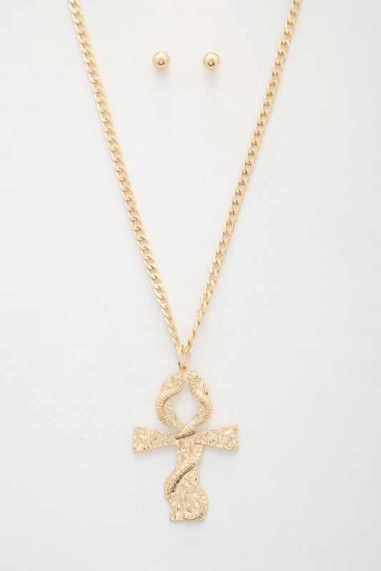 Snake Wrap Cross Pendant Curb Link Necklace