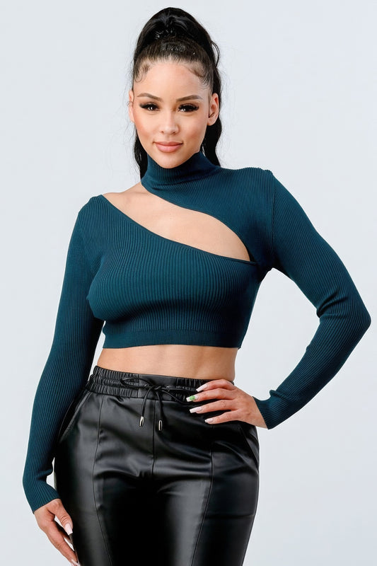 Lux Sweater Rib Cutout Mock Neck Crop Top