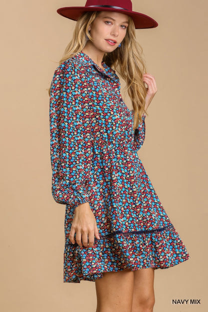 Collared neckline button down floral print dress with crochet trimmed details