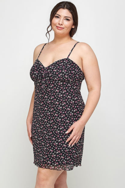 Plus Size Ditsy Floral Print On Mesh Fabric Cami Dress