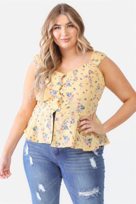 Plus Floral Button-up Sleeveless Flare Hem Top