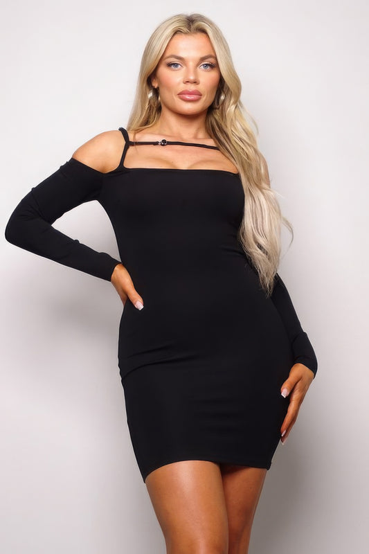 Long Sleeve Cuff Front Strap Mini Dress