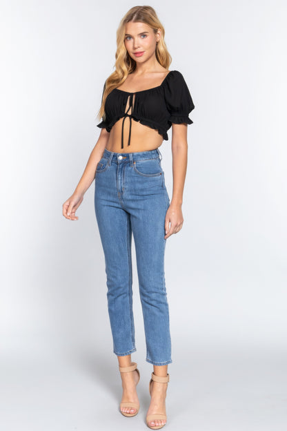 Short Slv Print Crop Woven Top