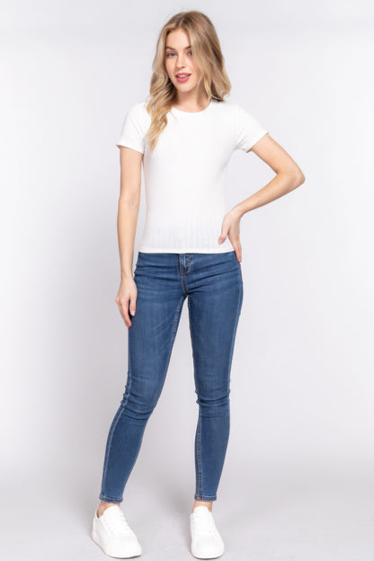 Short Slv Crew Neck Variegated Rib Knit Top