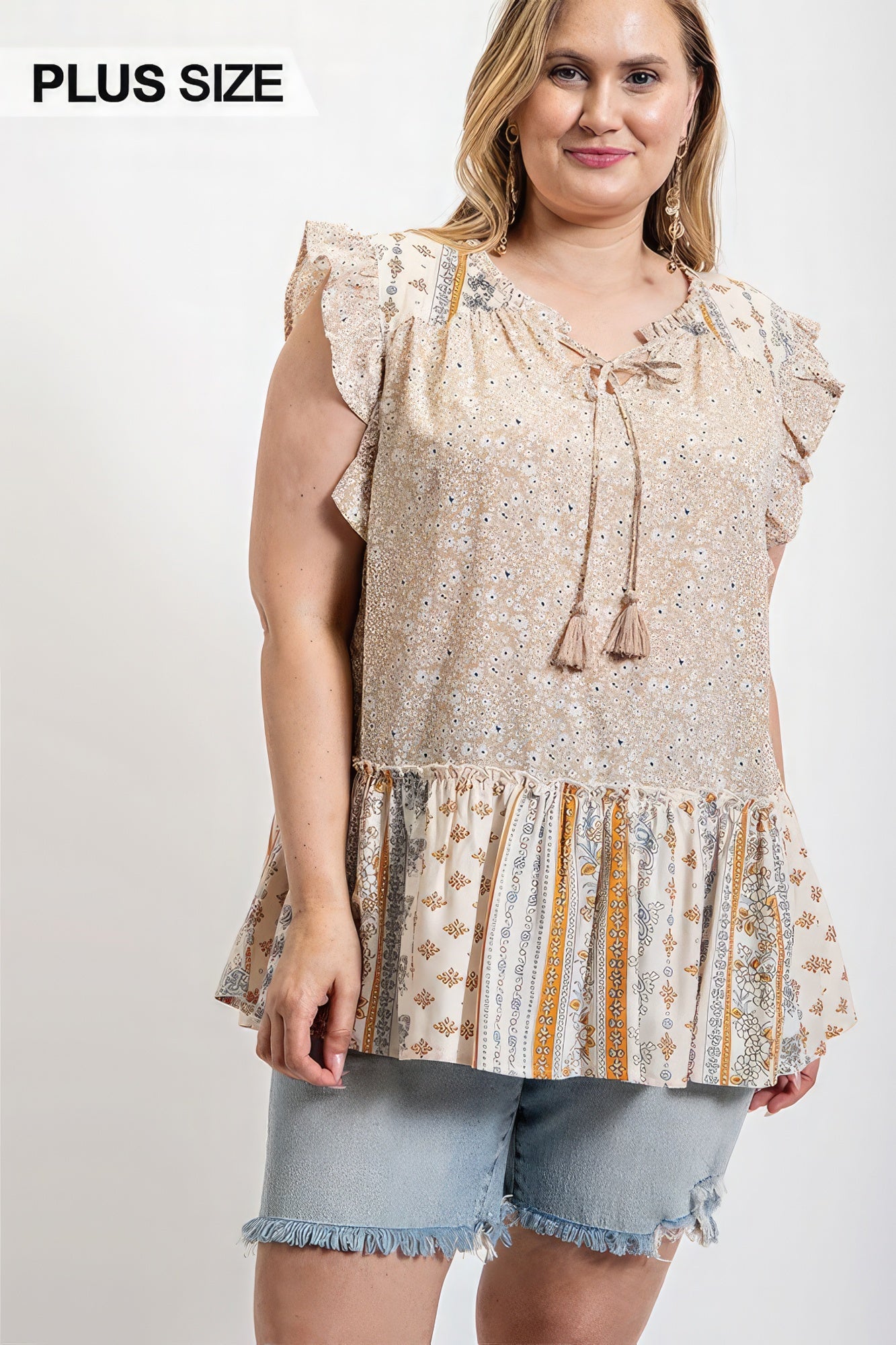 Woven Prints Mixed And Sleeveless Flutter Top With Tassel Tie