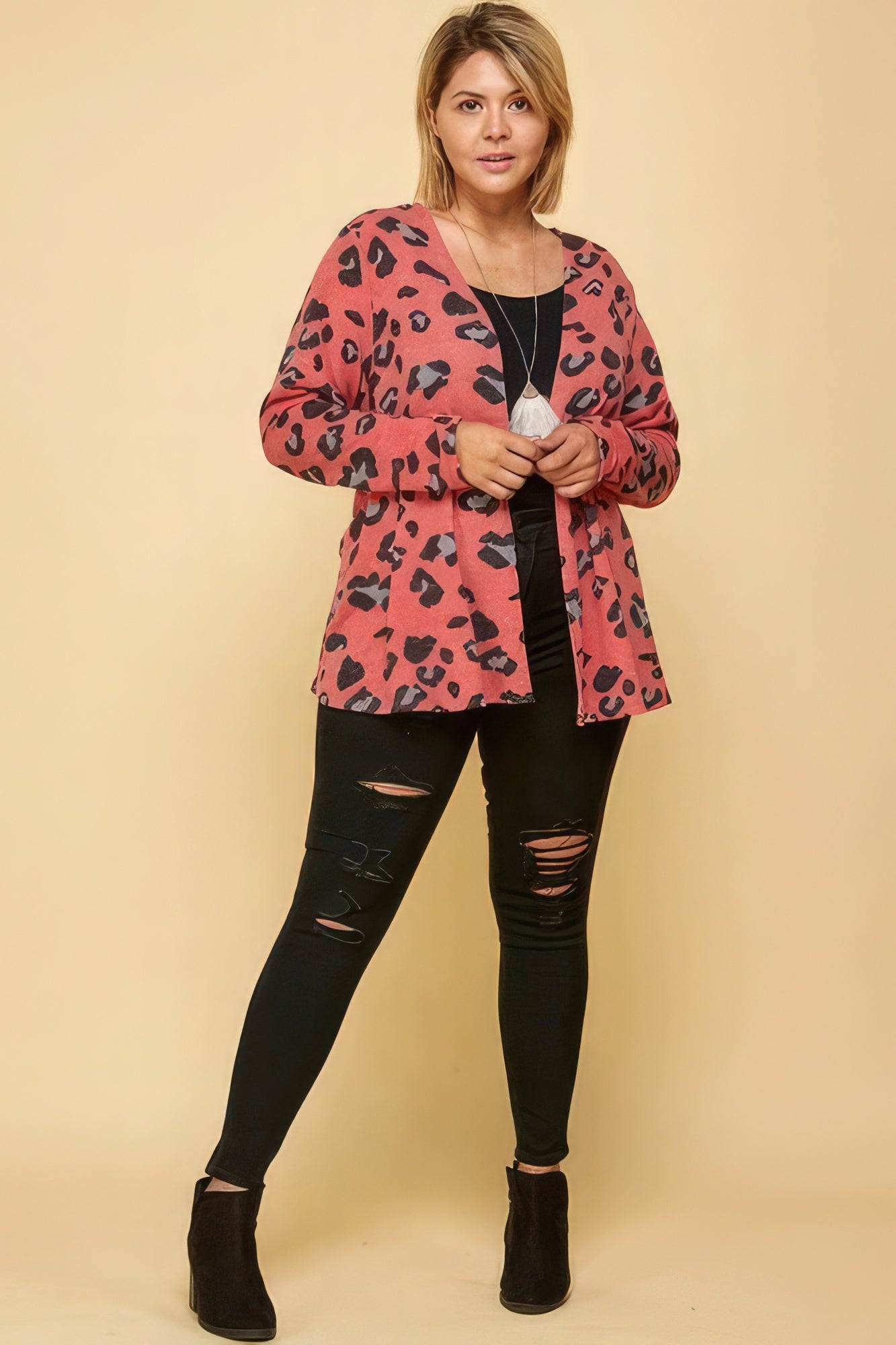 Plus Size Animal Printed Open Front Cropped Cardigan