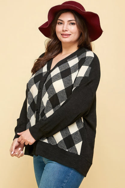 Plus Size Buffalo Plaid Knit Button Up Oversize Cardigan