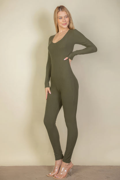 Ribbed Scoop Neck Long Sleeve Jumpsuit