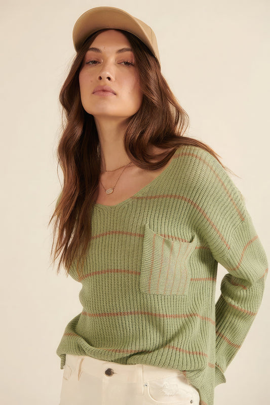 Striped Rib-knit Oversized Pocket Sweater