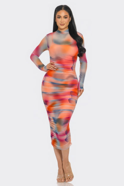 Summer Heat Print Mesh Ruched Midi Dress