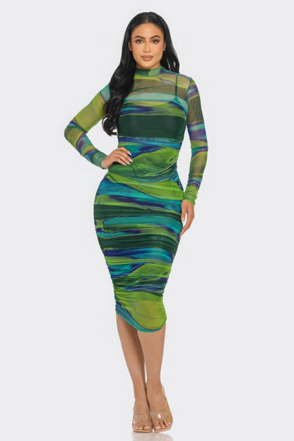 Glitch Print Mesh Ruched Midi Dress