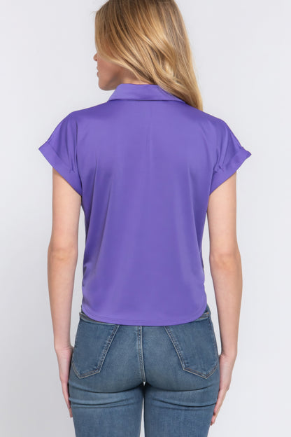 Short Slv Front Tie Stretch Ity  Top